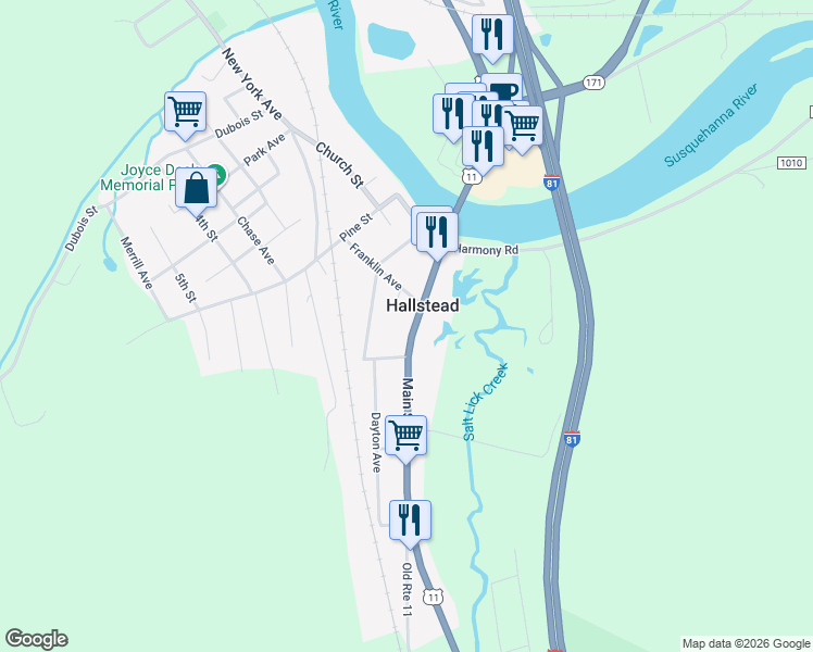 map of restaurants, bars, coffee shops, grocery stores, and more near 587 Main Street in Hallstead