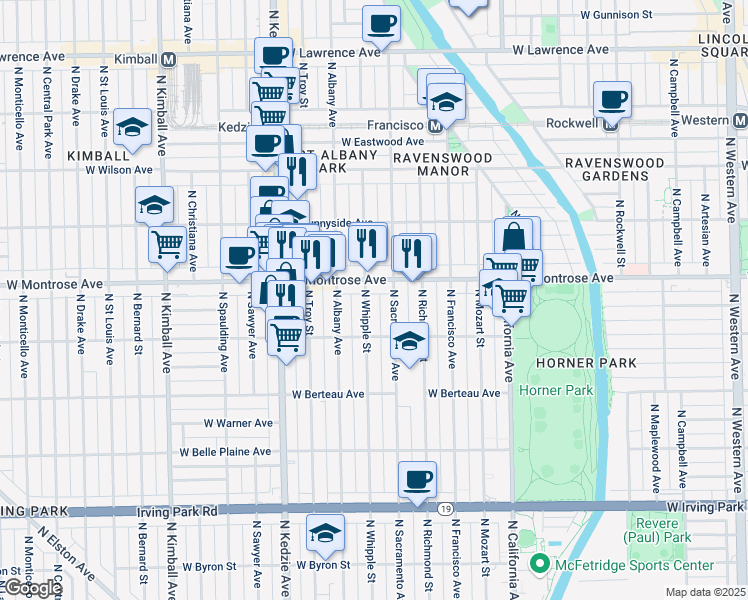 map of restaurants, bars, coffee shops, grocery stores, and more near 4352 North Sacramento Avenue in Chicago