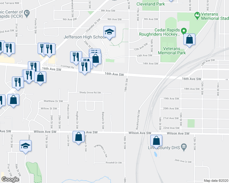 map of restaurants, bars, coffee shops, grocery stores, and more near 1826 Shady Grove Road Southwest in Cedar Rapids