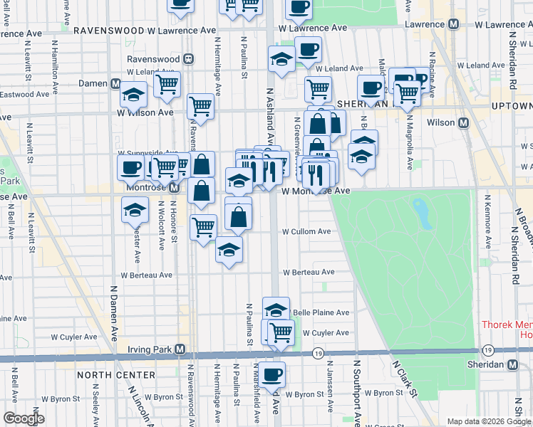 map of restaurants, bars, coffee shops, grocery stores, and more near 4324 North Ashland Avenue in Chicago