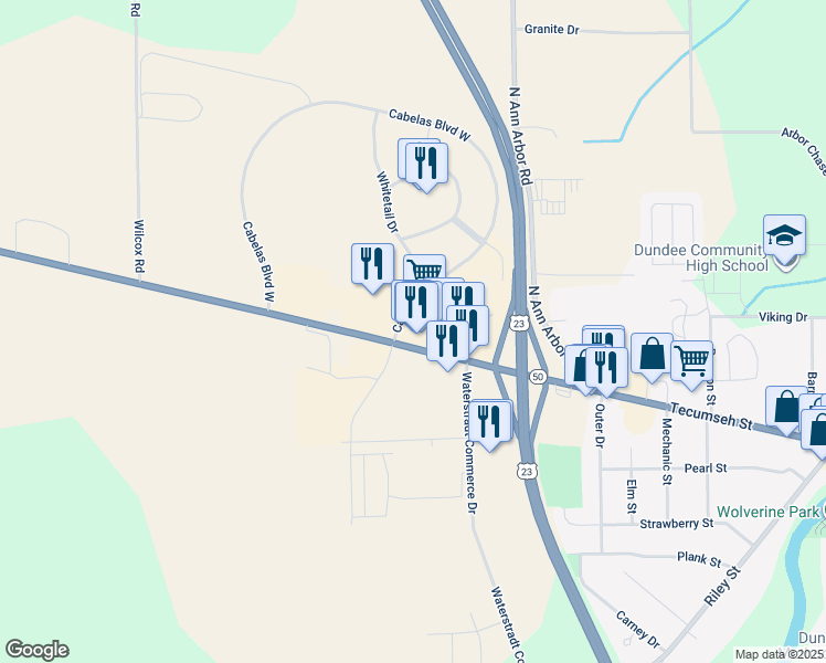map of restaurants, bars, coffee shops, grocery stores, and more near 16204 Tecumseh Road in Dundee