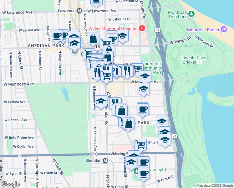 map of restaurants, bars, coffee shops, grocery stores, and more near 4334 North Hazel Street in Chicago