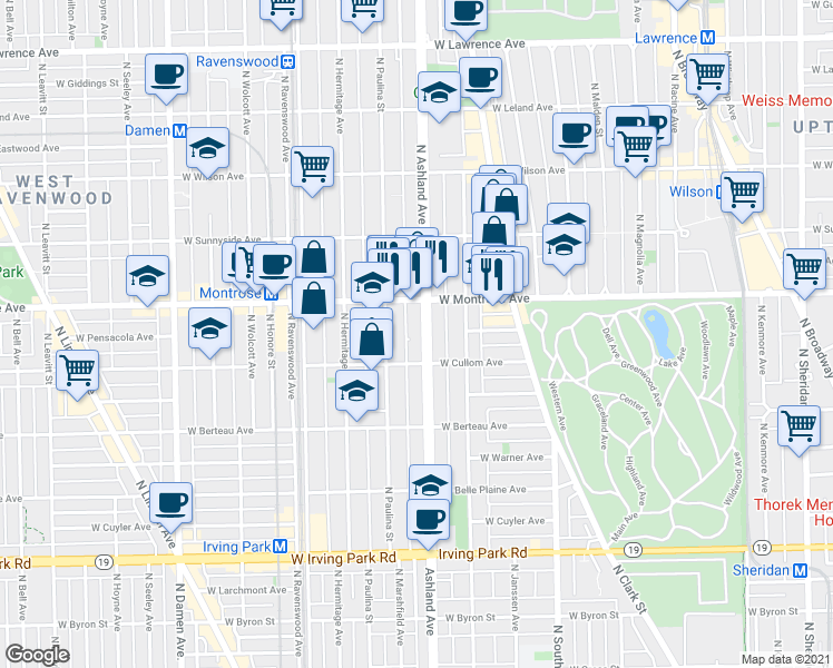 map of restaurants, bars, coffee shops, grocery stores, and more near 4341 North Ashland Avenue in Chicago