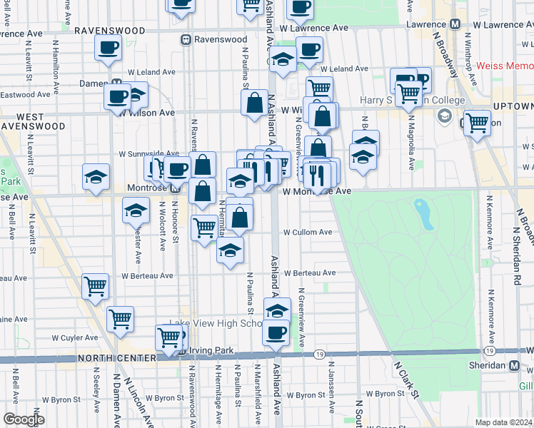 map of restaurants, bars, coffee shops, grocery stores, and more near 4341 North Ashland Avenue in Chicago