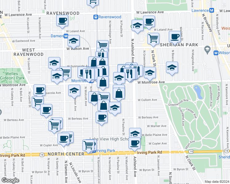 map of restaurants, bars, coffee shops, grocery stores, and more near 4343 North Hermitage Avenue in Chicago