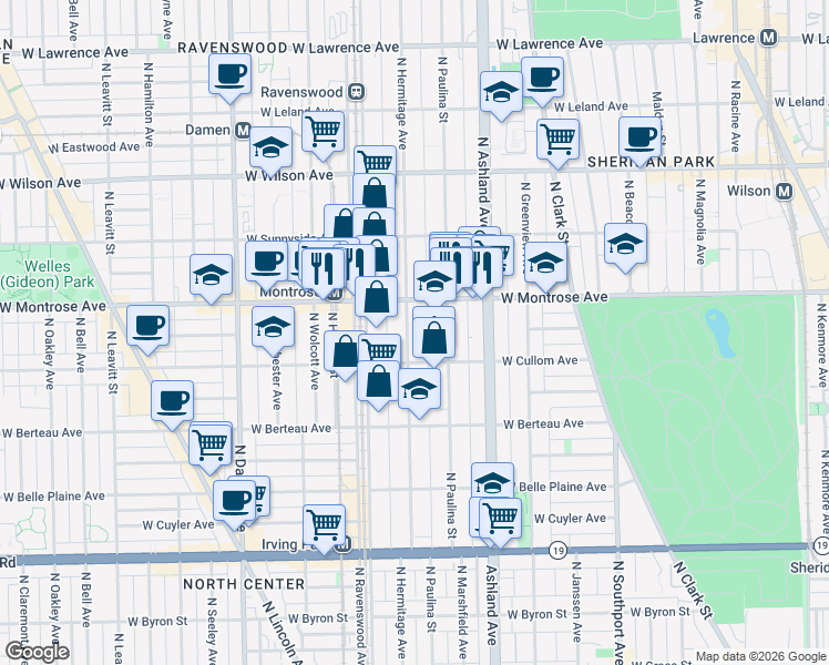 map of restaurants, bars, coffee shops, grocery stores, and more near 4343 North Hermitage Avenue in Chicago