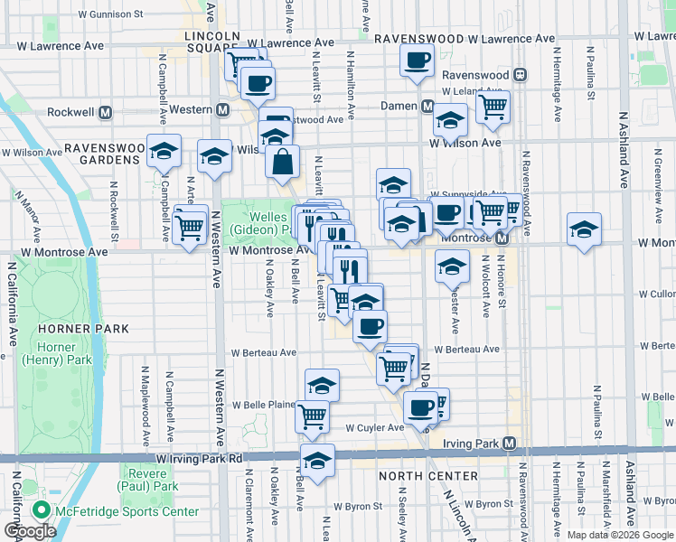 map of restaurants, bars, coffee shops, grocery stores, and more near 2130 West Pensacola Avenue in Chicago