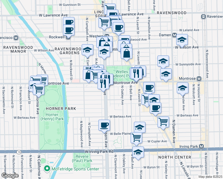 map of restaurants, bars, coffee shops, grocery stores, and more near 4351 North Western Avenue in Chicago