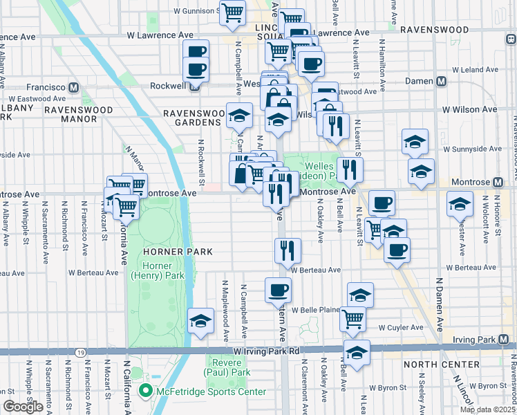 map of restaurants, bars, coffee shops, grocery stores, and more near 2431 West Montrose Avenue in Chicago