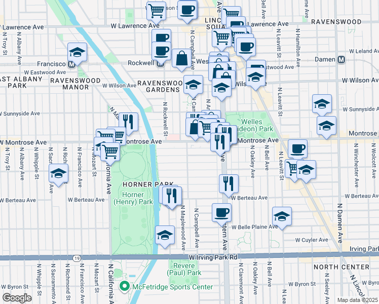 map of restaurants, bars, coffee shops, grocery stores, and more near 4355 North Campbell Avenue in Chicago