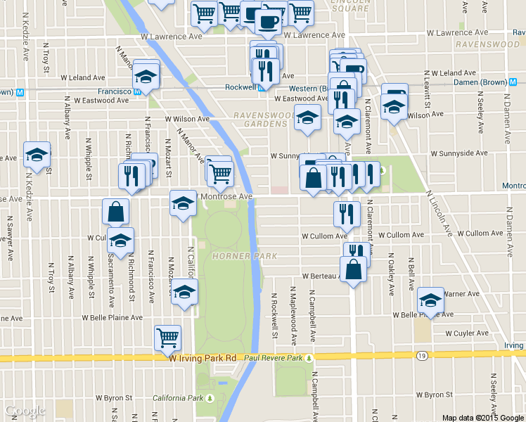 map of restaurants, bars, coffee shops, grocery stores, and more near 2857 West Montrose Avenue in Chicago