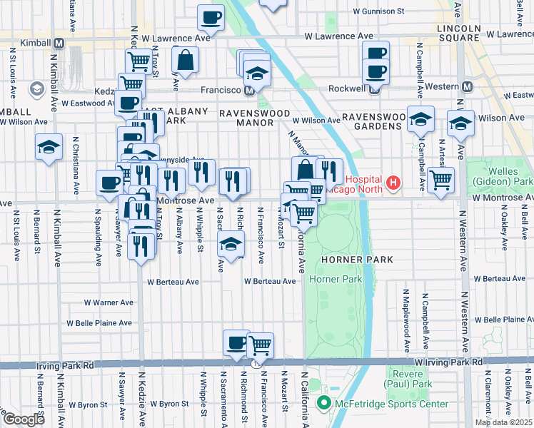 map of restaurants, bars, coffee shops, grocery stores, and more near 2853 West Montrose Avenue in Chicago