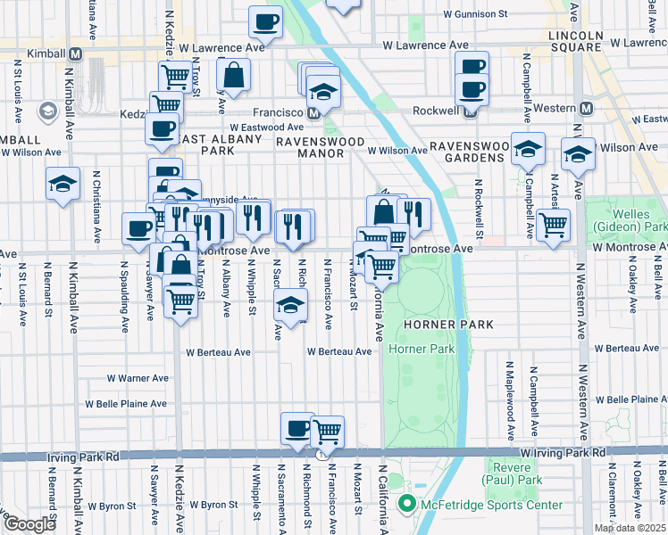 map of restaurants, bars, coffee shops, grocery stores, and more near 2853 West Montrose Avenue in Chicago