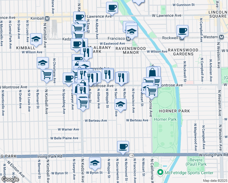 map of restaurants, bars, coffee shops, grocery stores, and more near 4352 North Sacramento Avenue in Chicago
