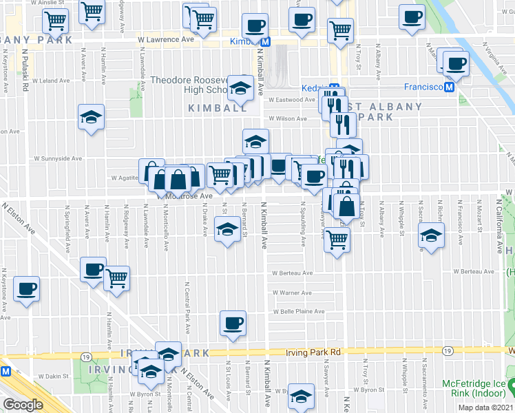 map of restaurants, bars, coffee shops, grocery stores, and more near 3419 West Montrose Avenue in Chicago
