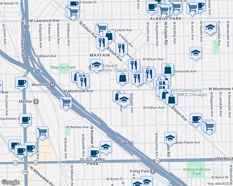 map of restaurants, bars, coffee shops, grocery stores, and more near in Chicago
