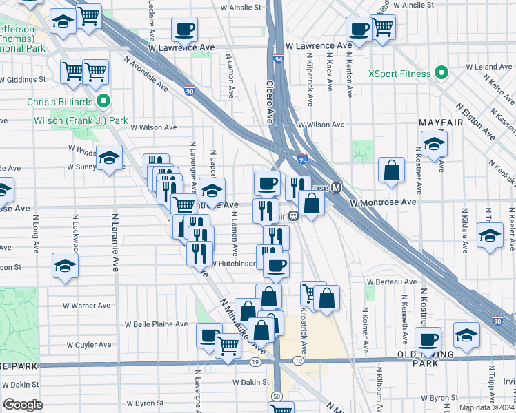 map of restaurants, bars, coffee shops, grocery stores, and more near 4401 North La Crosse Avenue in Chicago