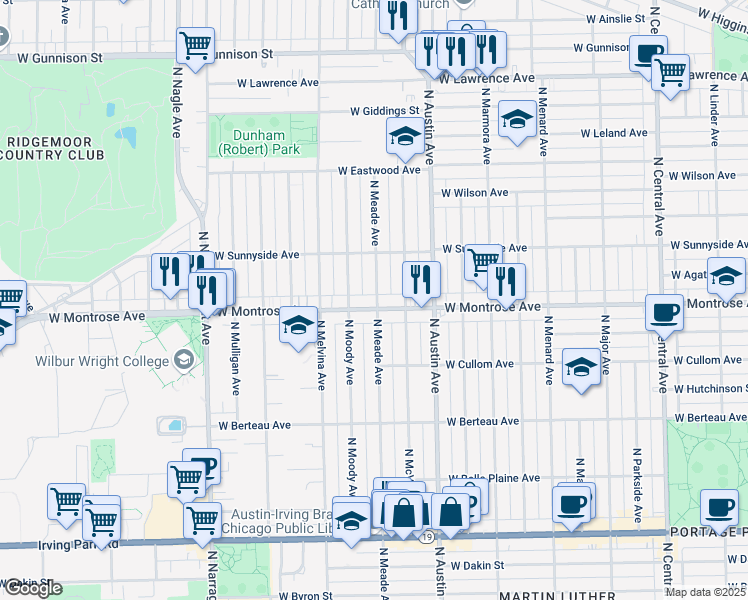 map of restaurants, bars, coffee shops, grocery stores, and more near 4422 North Meade Avenue in Chicago