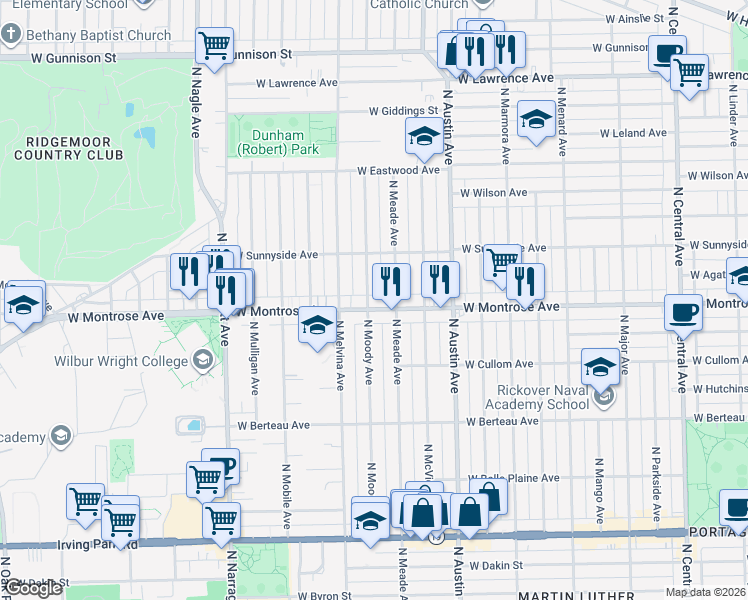 map of restaurants, bars, coffee shops, grocery stores, and more near 4422 North Meade Avenue in Chicago