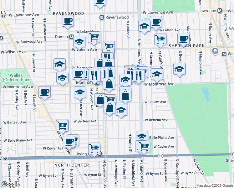 map of restaurants, bars, coffee shops, grocery stores, and more near 4328 North Hermitage Avenue in Chicago