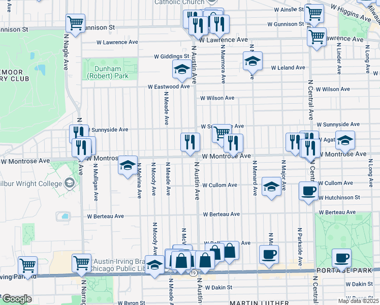 map of restaurants, bars, coffee shops, grocery stores, and more near 4420 North Austin Avenue in Chicago
