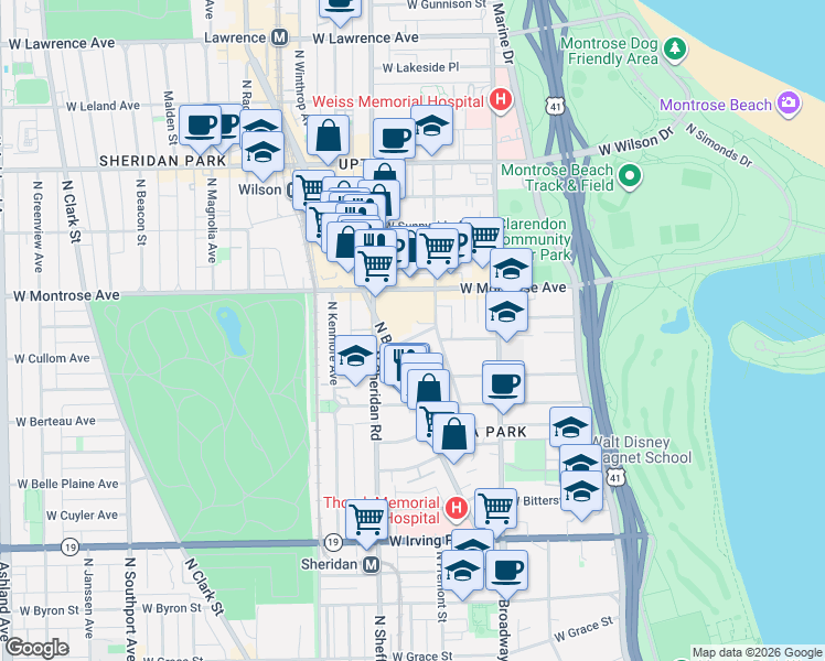 map of restaurants, bars, coffee shops, grocery stores, and more near 4334 North Hazel Street in Chicago