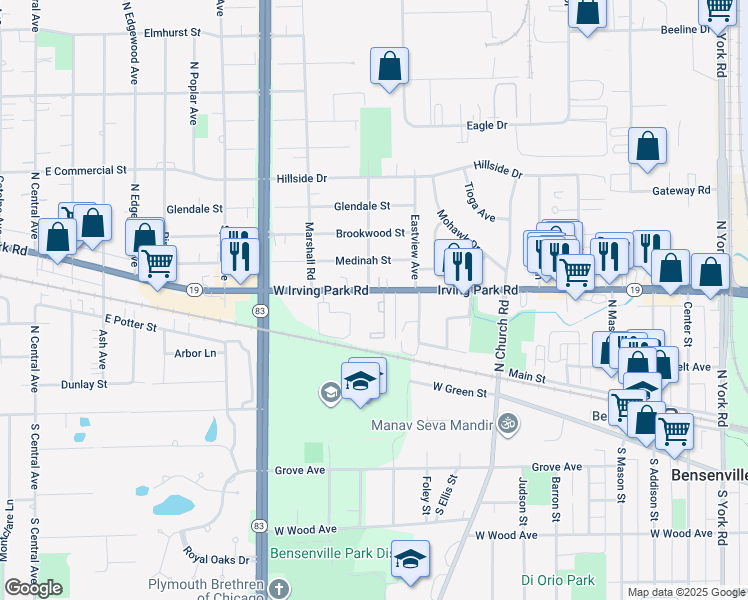 map of restaurants, bars, coffee shops, grocery stores, and more near 930 West Irving Park Road in Bensenville