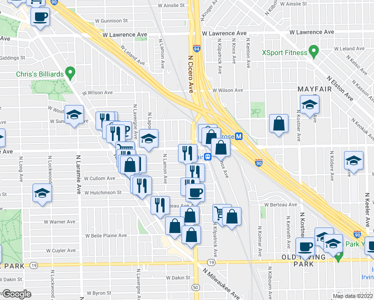 map of restaurants, bars, coffee shops, grocery stores, and more near 4805 West Montrose Avenue in Chicago