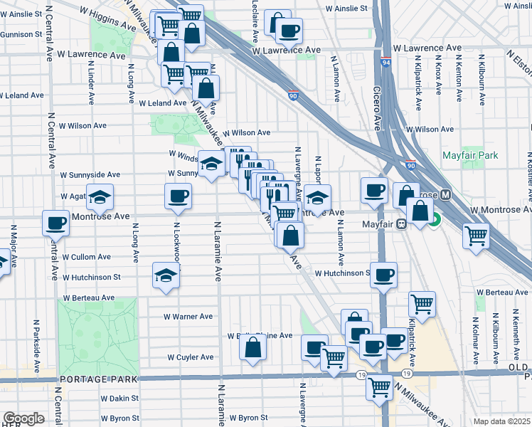 map of restaurants, bars, coffee shops, grocery stores, and more near N Milwaukee Ave & W Montrose Ave in Chicago