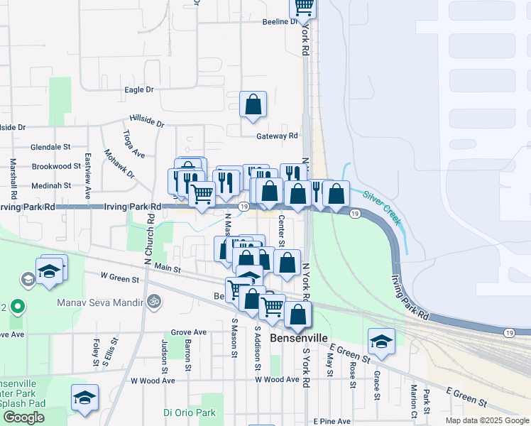 map of restaurants, bars, coffee shops, grocery stores, and more near 110 Irving Park Road in Bensenville