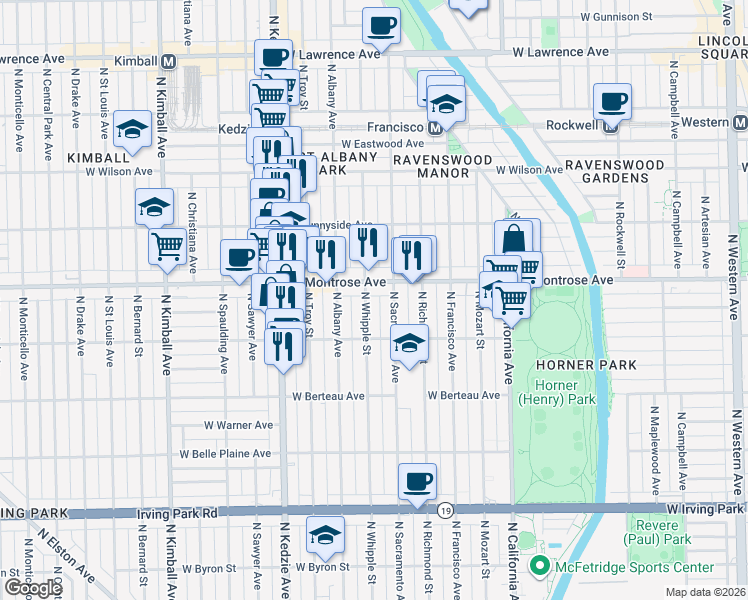 map of restaurants, bars, coffee shops, grocery stores, and more near 4352 North Sacramento Avenue in Chicago
