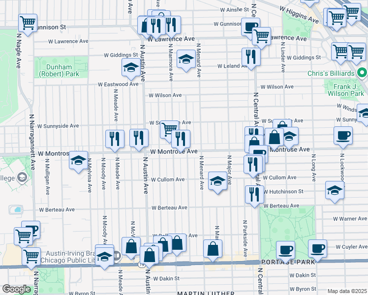 map of restaurants, bars, coffee shops, grocery stores, and more near 5836 West Montrose Avenue in Chicago