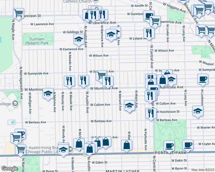 map of restaurants, bars, coffee shops, grocery stores, and more near 5846 West Montrose Avenue in Chicago