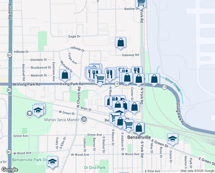 map of restaurants, bars, coffee shops, grocery stores, and more near 316 Irving Park Road in Bensenville