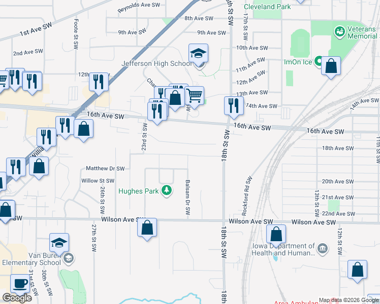 map of restaurants, bars, coffee shops, grocery stores, and more near 1924 Shady Grove Road Southwest in Cedar Rapids