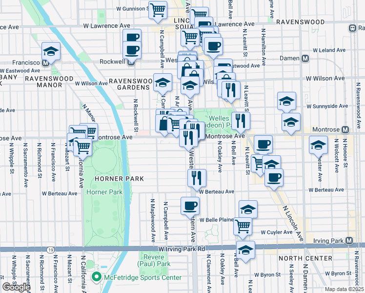 map of restaurants, bars, coffee shops, grocery stores, and more near 2431 West Montrose Avenue in Chicago