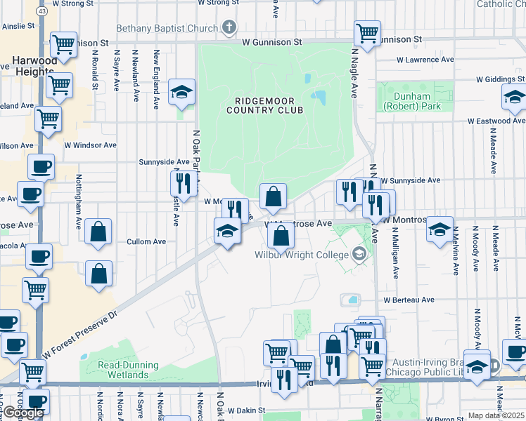 map of restaurants, bars, coffee shops, grocery stores, and more near 6621 West Norwood Court in Harwood Heights