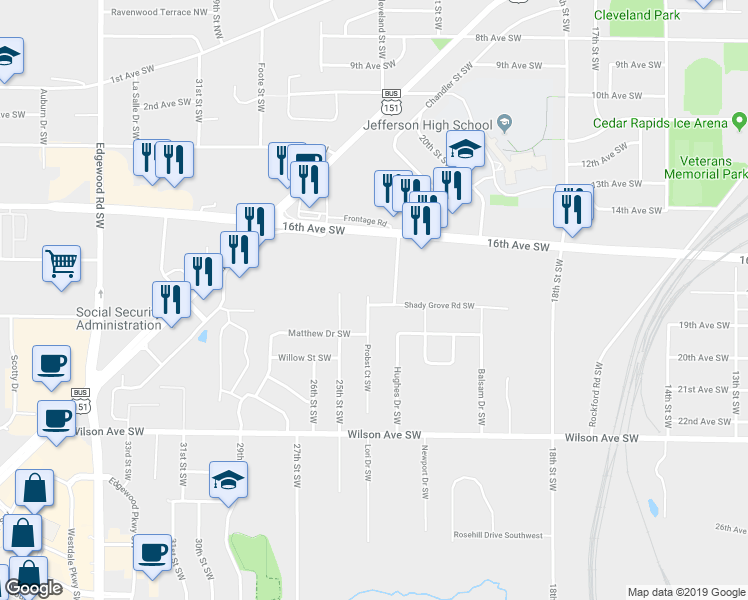 map of restaurants, bars, coffee shops, grocery stores, and more near 1733 Probst Circle Southwest in Cedar Rapids