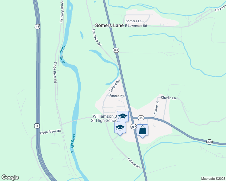 map of restaurants, bars, coffee shops, grocery stores, and more near School Road in Tioga County