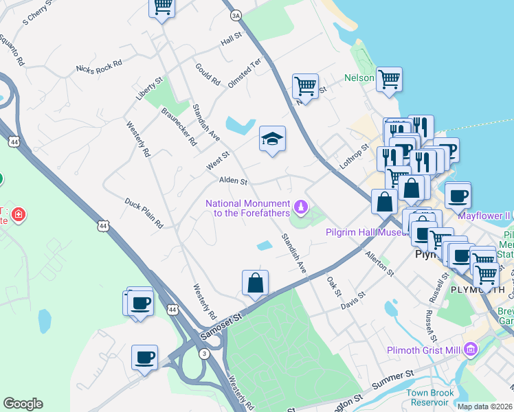 map of restaurants, bars, coffee shops, grocery stores, and more near 54 Standish Avenue in Plymouth