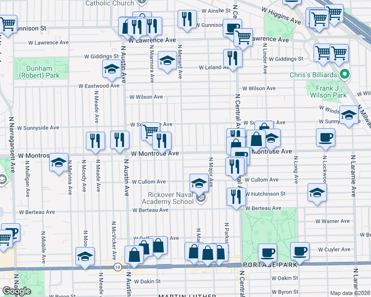 map of restaurants, bars, coffee shops, grocery stores, and more near 5754 West Montrose Avenue in Chicago