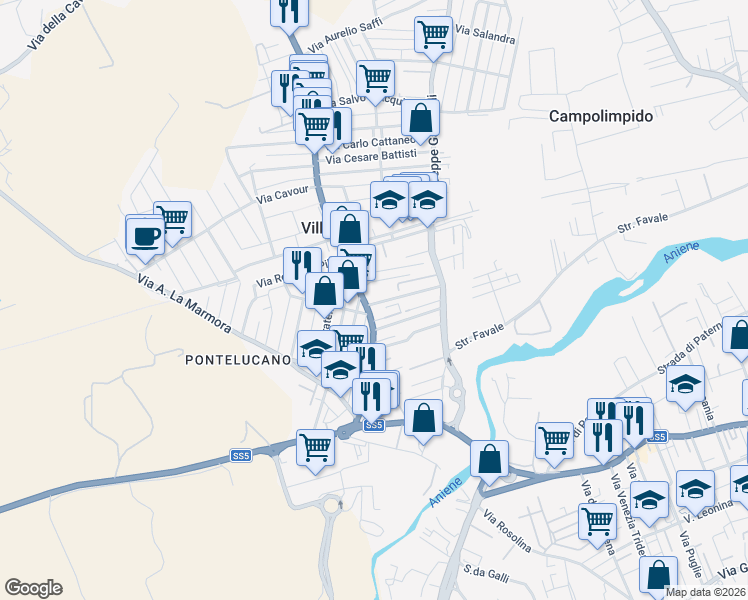 map of restaurants, bars, coffee shops, grocery stores, and more near 7 Via Daniele Manin in Villanova