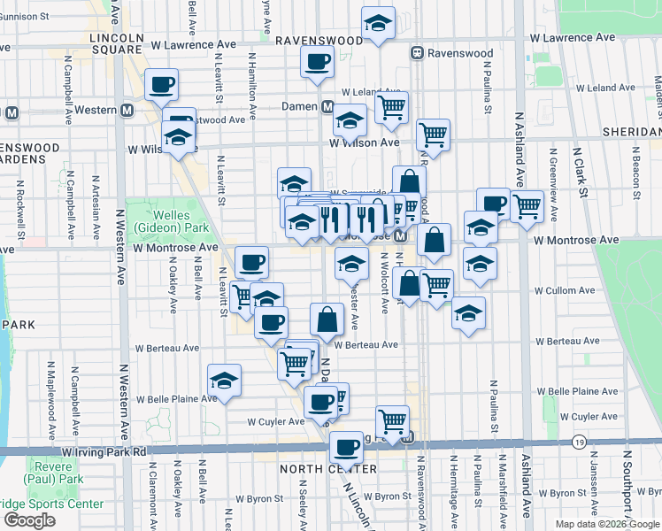 map of restaurants, bars, coffee shops, grocery stores, and more near 4335 North Damen Avenue in Chicago