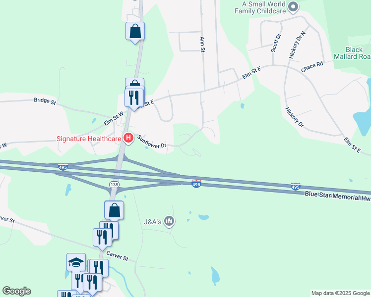 map of restaurants, bars, coffee shops, grocery stores, and more near 34 Daisy Lane in Raynham