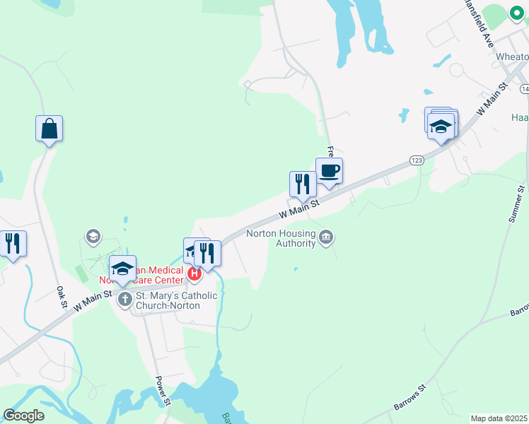map of restaurants, bars, coffee shops, grocery stores, and more near 145R West Main Street in Norton