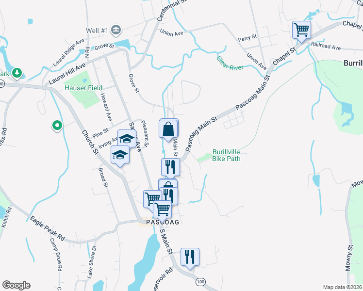 map of restaurants, bars, coffee shops, grocery stores, and more near 285 Pascoag Main Street in Burrillville