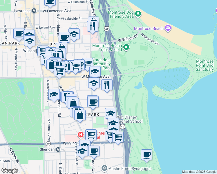 map of restaurants, bars, coffee shops, grocery stores, and more near 707 West Junior Terrace in Chicago