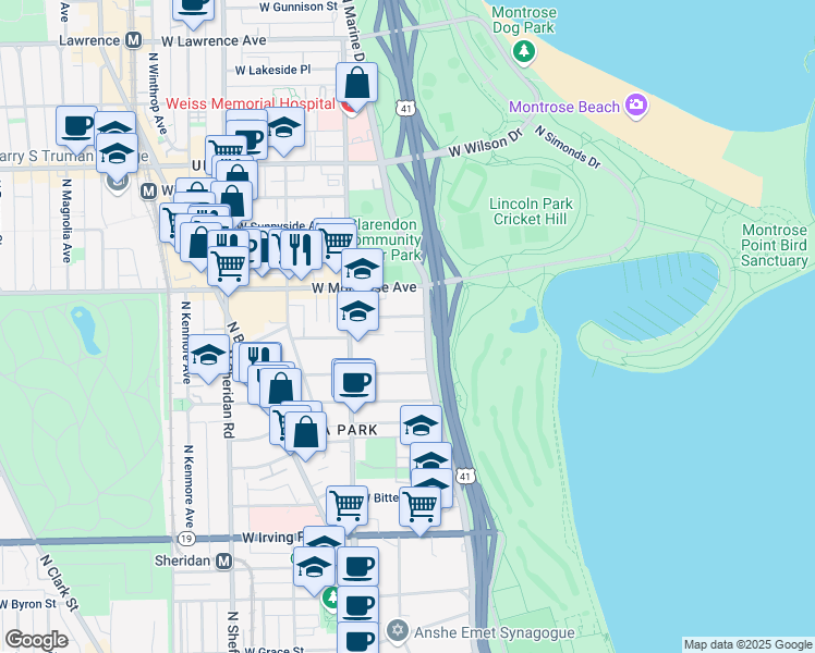 map of restaurants, bars, coffee shops, grocery stores, and more near 707 West Junior Terrace in Chicago