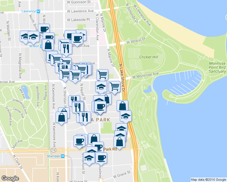 map of restaurants, bars, coffee shops, grocery stores, and more near 707 West Junior Terrace in Chicago
