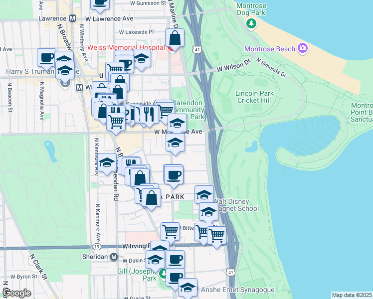 map of restaurants, bars, coffee shops, grocery stores, and more near 707 West Junior Terrace in Chicago